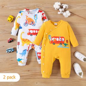 2-Pack Baby Boy 95% Cotton Long-sleeve Bus & Dinosaur Print Jumpsuits Set