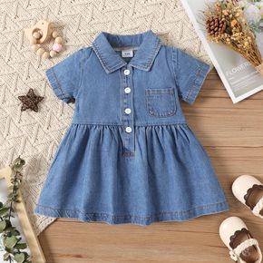 Baby Girl Blue Denim Short-sleeve Button Up Dress