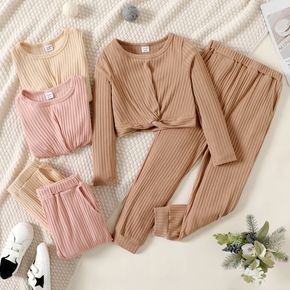 2pcs Kid Girl Solid Color Ribbed Twist Knot Long-sleeve Tee and Pants Set