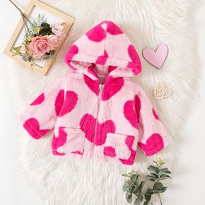 Baby Girl Allover Love Heart Print Thermal Fuzzy Hooded Long-sleeve Coat