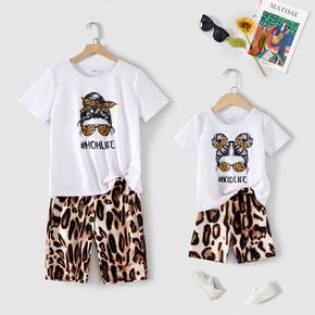 Mommy and Me Figure & Letter Print Short-sleeve T-shirts with Leopard Shorts Matching Sets