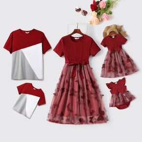 Family Matching 95% Cotton Short-sleeve Colorblock T-shirts and Rib Knit Spliced Butterfly Embroidered Mesh Dresses Sets