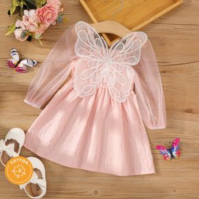 100% Cotton Baby Girl Pink Mesh Long-sleeve 3D Butterfly Decor Swiss Dot Dress