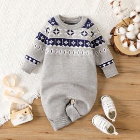Baby Boy Long-sleeve Argyle Pattern Grey Knitted Jumpsuit