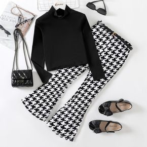2pcs Kid Girl Mock Neck Ribbed Long-sleeve Black Tee and Houndstooth Flared Pants Set (Belt is not included)
