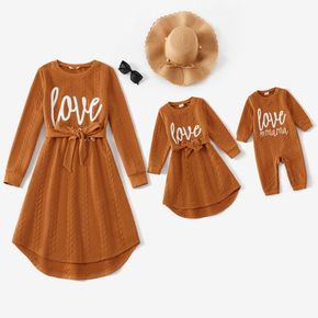 Letter Embroidered Textured Long-sleeve Belted Dress for Mom and Me