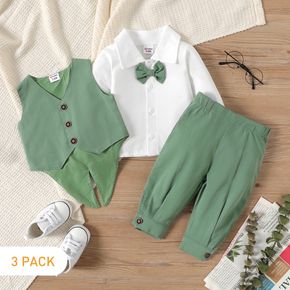 3-Pack Baby Boy Gentleman Party Outfits 100% Cotton Long-sleeve Bow Tie Decor Shirt and Swallowtail Vest with Pants Set