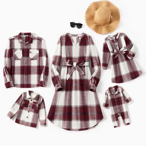 Family Matching Long-sleeve Red & White Plaid Shirts and V Neck Belted Dresses Sets