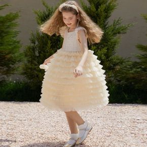 فستان توتو للفتيات الصغيرات بتصميم لامع حلو بطبقات شبكية بأكمام رفرفة للحفلات