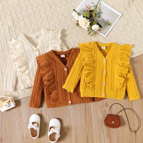 Toddler Girl Solid Knitted Ruffle Decor Long-sleeve Coat Cardigan