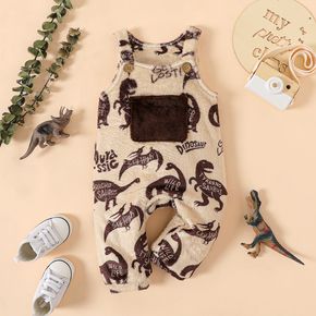 Baby Boy Allover Dinosaur & Letter Print Fuzzy Overalls with Contrast Pocket