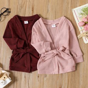 Toddler Girl Solid Color Ribbed Belted Open Front Cardigan Jacket