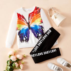2pcs Kid Girl Butterfly Print Pullover Sweatshirt and Black Leggings Set