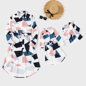 Colorful Geo Print Button Front Belted Irregular Hem Long-sleeve Dress for Mom and Me