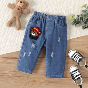 Baby Boy/Girl Bear Decor Blue Ripped Jeans