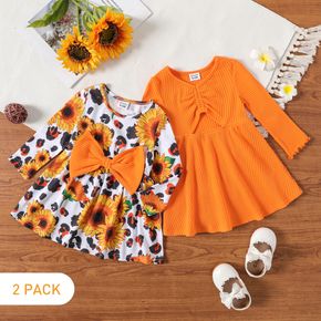 2-Pack Baby Girl Long-sleeve Solid Rib Knit and Allover Sunflower & Leopard Print Dresses Set