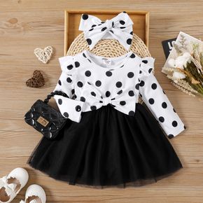 2pcs Baby Girl Long-sleeve Polka Dot Print Ruffle Trim Bow Front Spliced Mesh Dress with Headband Set