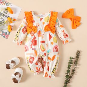 2pcs Baby Girl Allover Print Ruffle Bowknot Long-sleeve Jumpsuit with Headband Set