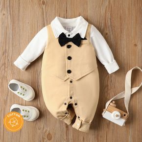 100% Cotton Baby Boy Gentleman Party Outfit Bow Tie Decor Button Front Long-sleeve Jumpsuit