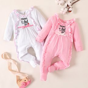 Baby Girl Letter Embroidery Ruffle Splice Footed/footie Long-sleeve Pink or White Jumpsuit