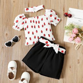 Mini Lady Toddler Girl 3pcs Strawberry Allover Shirred Short-sleeve White Top and Belt Decor Black Shorts with Headband Set
