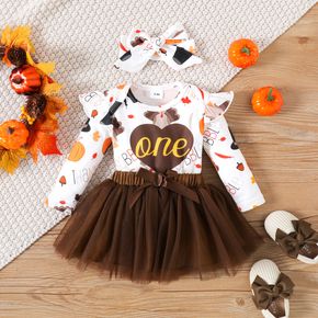 Thanksgiving 3pcs Baby Girl Allover Print Ruffle Trim Long-sleeve Romper and Mesh Skirt with Headband Set