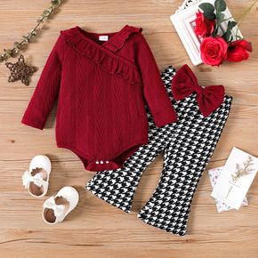 2pcs Baby Girl Solid Textured Ruffle Trim Surplice Neck Long-sleeve Romper and Bow Front Houndstooth Flared Pants Set