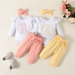 Baby Girl 3pcs Letter and Floral Print Ruffle Decor Long-sleeve White Romper and Polka Dots Belt Decor Pants with Headband Set