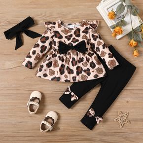 3pcs Baby Girl Bow Front Leopard Print Ruffle Trim Long-sleeve Dress and Leggings with Headband Set