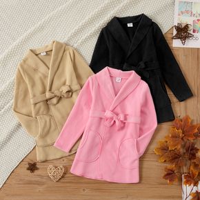 Kid Girl Solid Color Pocket Design Polar Fleece Belted Coat