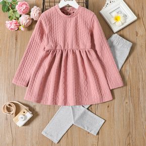 2pcs Kid Girl Cable Knit Textured Long-sleeve Tee and Grey Elasticized Leggings Set