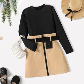 2pcs Kid Girl Long-sleeve Ribbed Black Tee and Zipper Design Belted Skirt Set