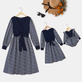 Mommy and Me Floral Print Spliced Solid Surplice Neck Long-sleeve Dress