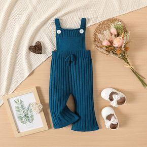 Baby Girl Button Design Solid Rib Knit Bell Bottom Overalls