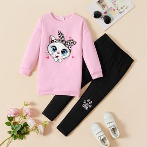 2pcs Kid Girl Cat Print Pink Sweatshirt and Paw Print Black Leggings Set