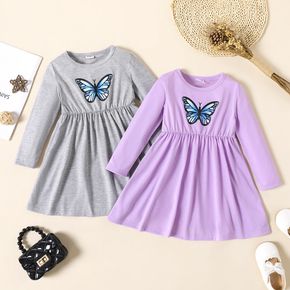 Toddler Girl Butterfly Print Waisted Long-sleeve Dress