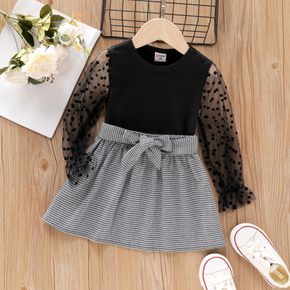 2pcs Toddler Girl Polka dots Mesh Long-sleeve Black Tee and Houndstooth Belted Skirt Set