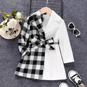Toddler Girl Plaid Splice Colorblock Lapel Collar Belted Coat