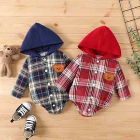 100% Cotton Baby Boy/Girl Bear Decor Hooded Long-sleeve Button Front Plaid Romper