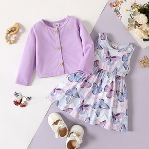 2pcs Baby Girl Allover Butterfly Print Tank Dress and Long-sleeve Button Front Cardigan Set