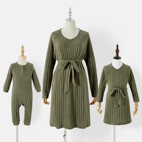 Mommy and Me Green Rib Knit Belted Long-sleeve Dress