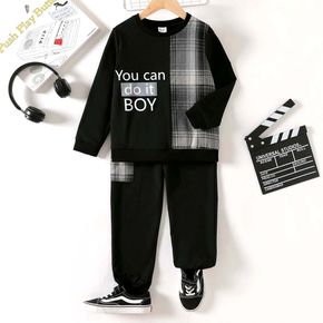 2pcs Kid Boy Plaid Colorblock Letter Peinr Sweatshirt and Pocket Design Pants Set