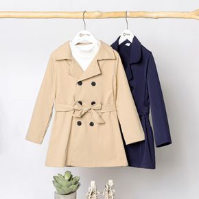 Kid Boy/Kid Girl Solid Color Lapel Collar Double Breasted Belted Trench Coat