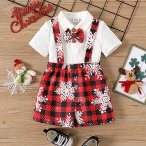 Christmas 2pcs Baby Boy 100% Cotton Short-sleeve Bow Tie Decor Shirt and Snowflake Print Red Plaid Suspender Shorts Set