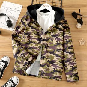 Kid Boy Camouflage Print Button Design Hooded Cotton Long-sleeve Shirt