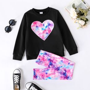 2pcs Kid Girl Heart Embroidered Black Pullover Sweatshirt and Tie Dyed Leggings Set