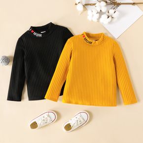 Toddler Girl Solid Color Letter Embroidered Mock Neck Long-sleeve Tee