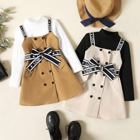 2-piece Toddler Girl Solid Long-sleeve Top and Double Breasted Dress Set
