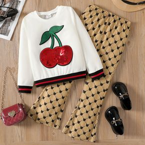 2pcs Kid Girl Cherry Embroidered Sequined Sweatshirt and Allover Print Flared Pants Set