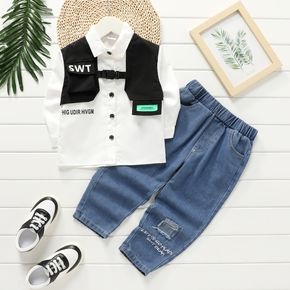2pcs Toddler Boy Trendy Faux-two Vest Design Letter Print Long-sleeve Shirt and Ripped Denim Jeans Set